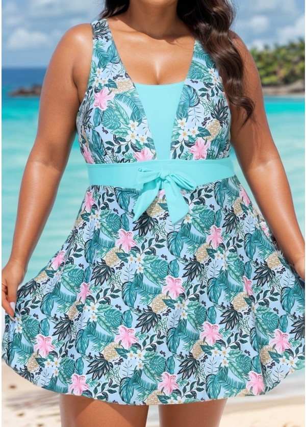 Charming Plus Size Green Tropical Floral Knot Front One Piece Swimdress