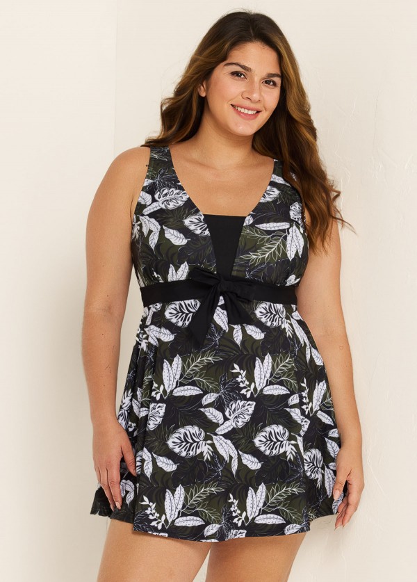 Plus Size Black Leaf Print Vintage Swimsuit Swimdress Set