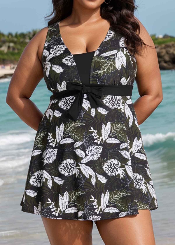 Plus Size Black Leaf Print Vintage Swimsuit With Shorts Swimdress Set