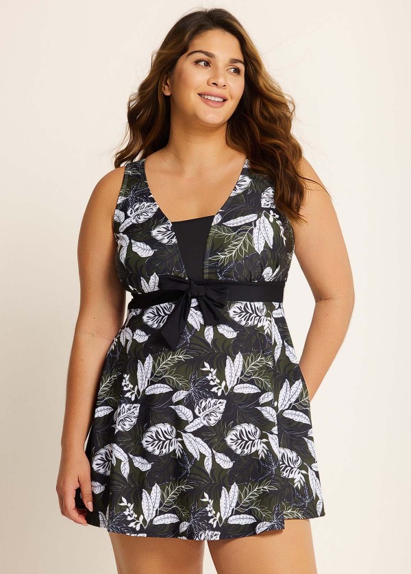 Plus Size Black Leaf Print Vintage Swimsuit Swimdress Set