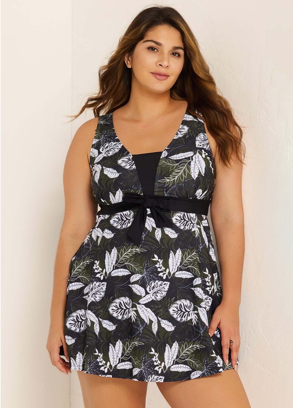 Plus Size Black Leaf Print Vintage Swimsuit Swimdress Set