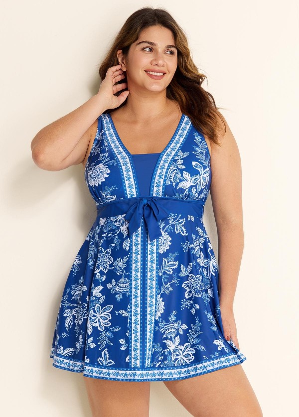 Plus Size Blue And White Floral Front Tie V Neck Swimsuit Swimdress Set