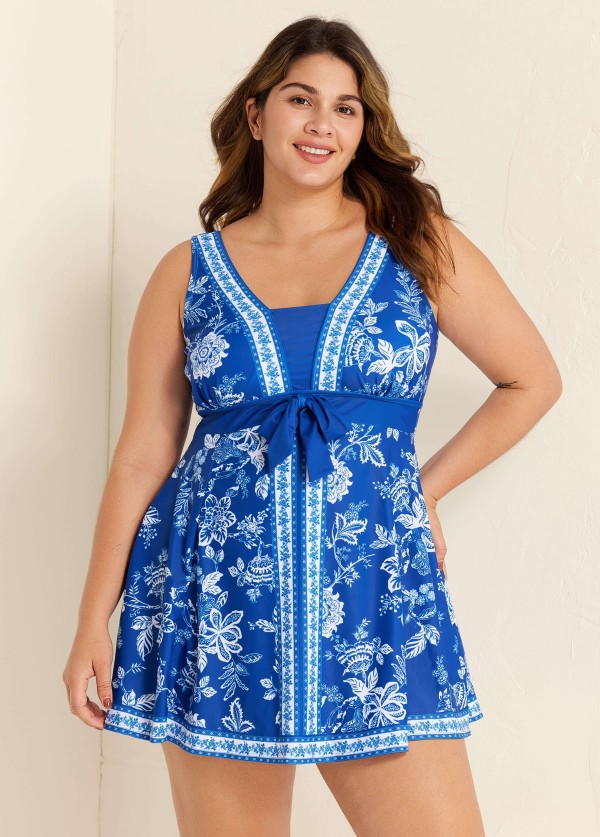 Plus Size Blue And White Floral Front Tie V Neck Swimsuit Swimdress Set