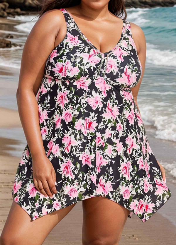 Black Vintage Floral Print Modest Swim Dress Set