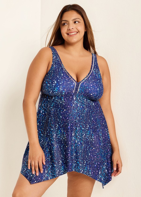 Navy Dot Print Cut Out Plus Size Swimsuit Swimwear Swimdress Set