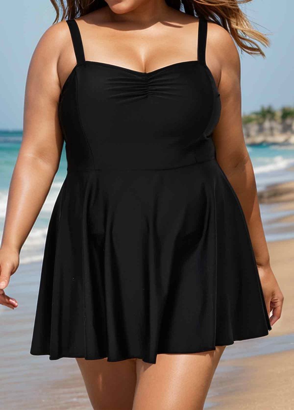 Black V Neck Ruched Plus Size Modest Swimdress Swimsuit Top