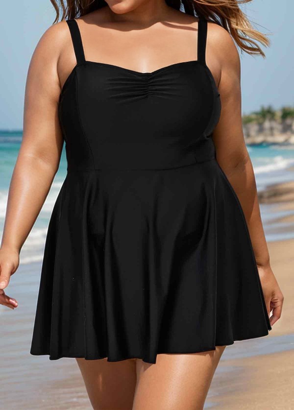 Black V Neck Ruched Plus Size Modest Swimdress Swimsuit Top