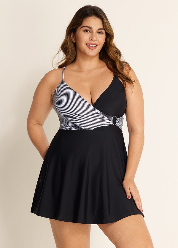 Black And White V Neck Striped Wrap One Piece Swimdress