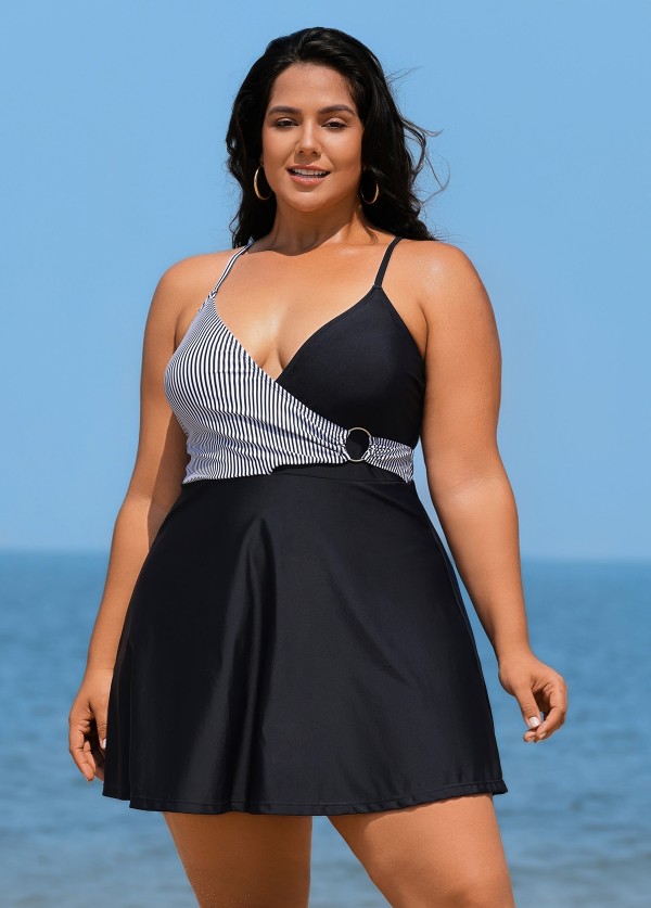 Black And White V Neck Striped Wrap One Piece Swimdress