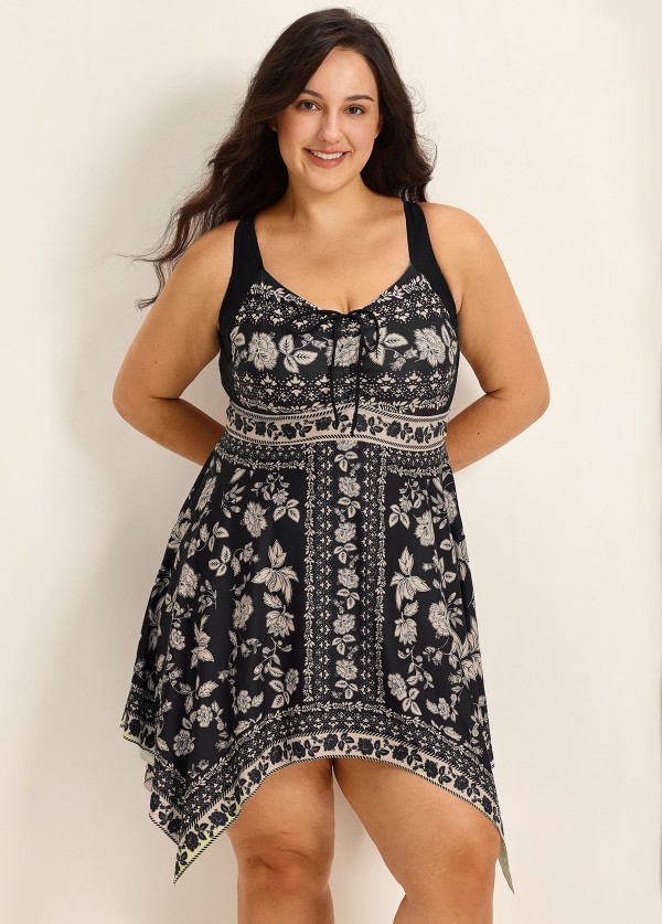 Curvy Yellow Floral Flattering Drawstring Asymmetrical Hem Swimsuit Long One Piece Swimdress