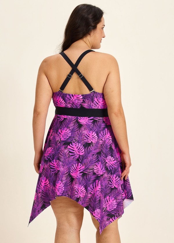 Purle Tropical Leaf Modest Drawstring Asymmetrical Hem Curvy Swimsuit One Piece Swimdress