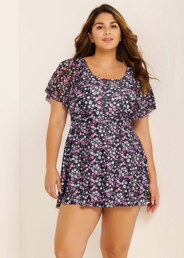 Romantic Floral Flounce Sleeve Square Neck Swimdress Set