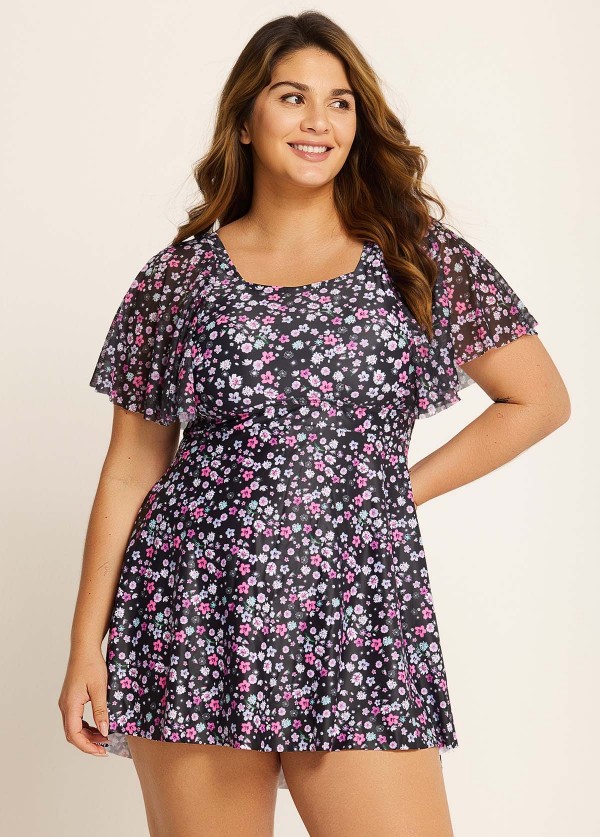 Romantic Floral Flounce Sleeve Square Neck Swimdress Set