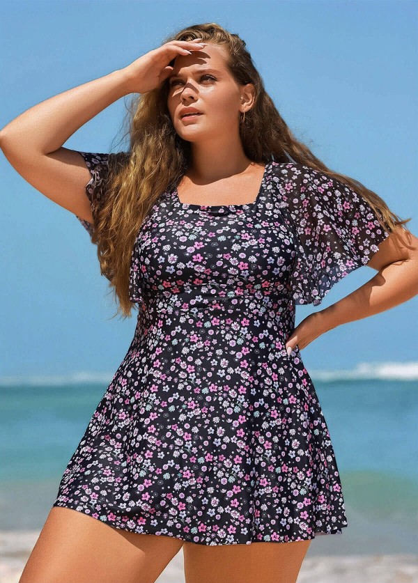Romantic Floral Flounce Sleeve Square Neck Swimdress Set