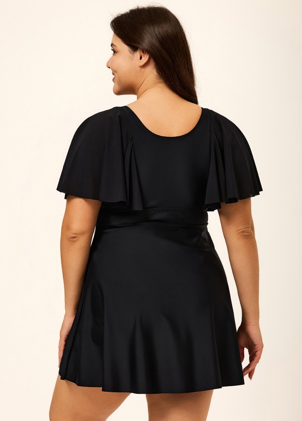 Black Ruffle Sleeves Square Neck Modest Plus Size Swimdress Swimsuit Top