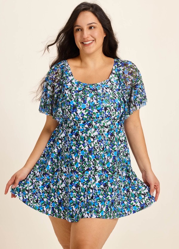 Plus Size Blue Green Floral Print Mesh Short Sleeves Padded Ruffle Swimsuit Swimdress Set