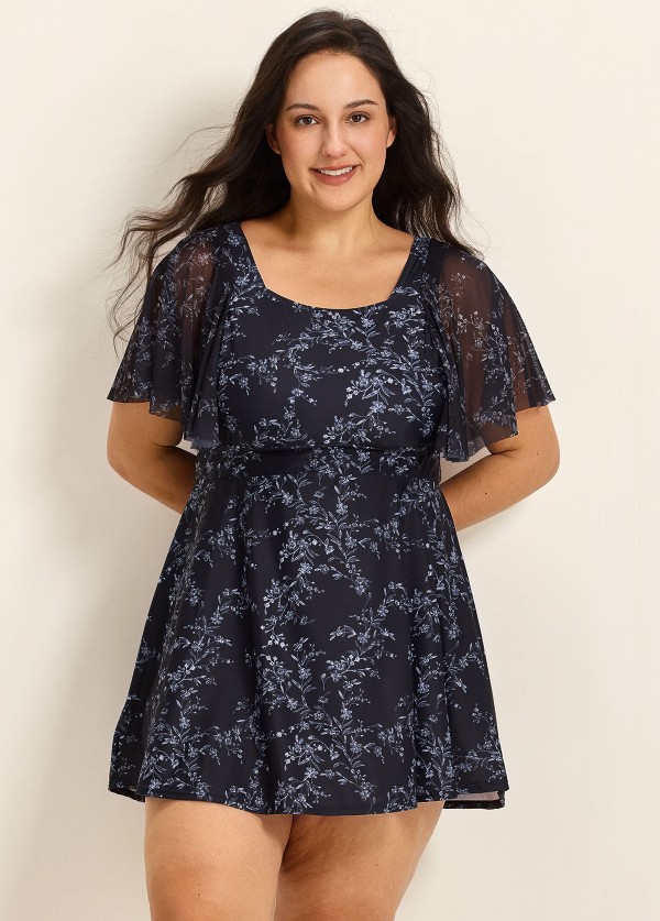 Black Floral Square Neck Mesh Short Sleeves Modest Ruffle Plus Size Swimsuit Swimdress Set