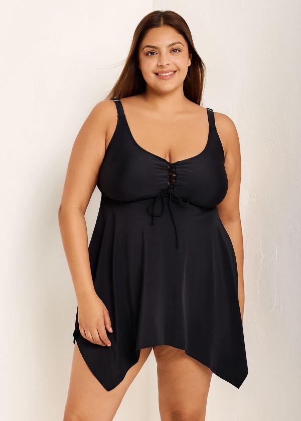 Black Criss Cross Front detail Asymmetrical Hem Swimdress Top