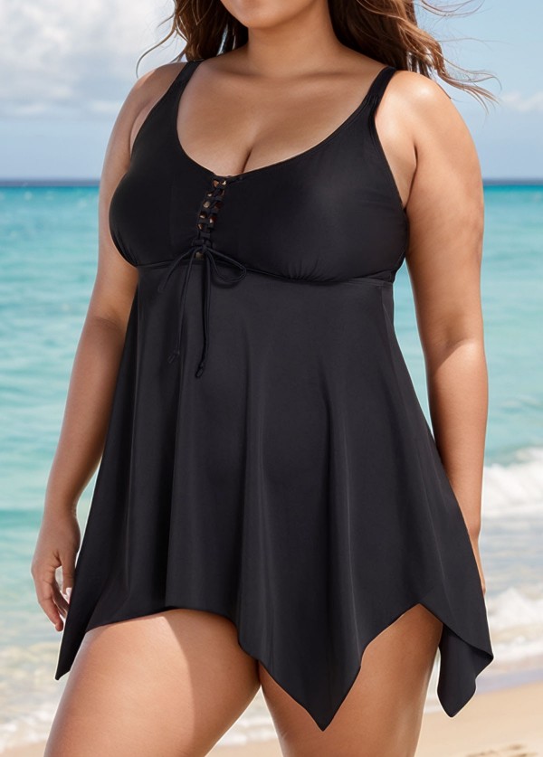 Black Criss Cross Front detail Asymmetrical Hem Swimdress Top