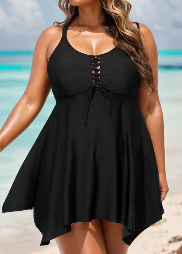Black Criss Cross Front detail Asymmetrical Hem Swimdress Top