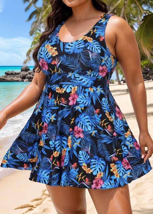 Romantic Blue Floral Print Back Cross Flowy Swim Dress Set
