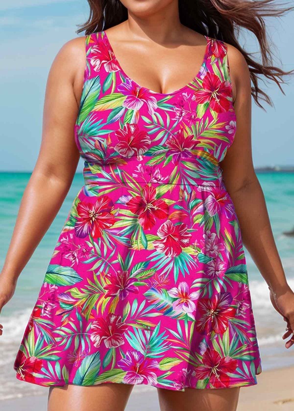 Plus Size Red Floral Modest Swimsuit And Swimwear Swimdress Set