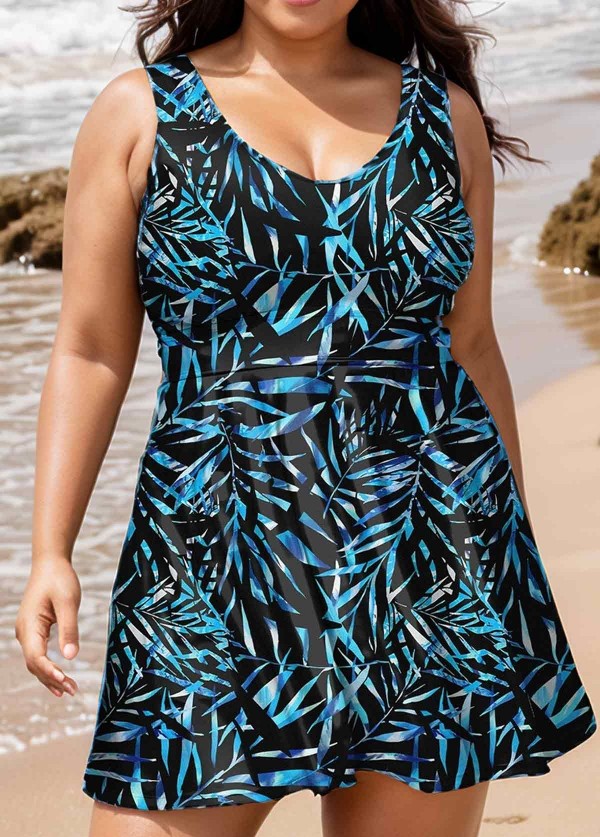Curvy Black Leaf Print Modest Swimsuit And Swimwear Swimdress Set