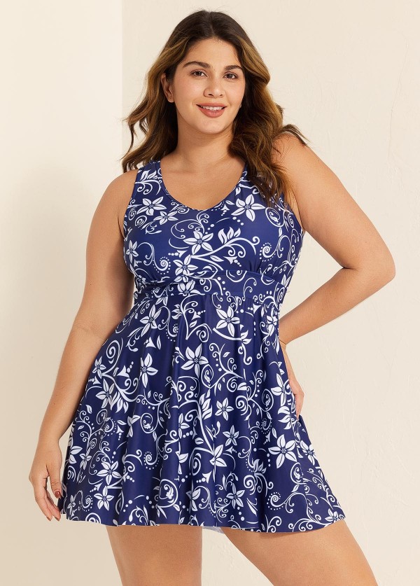Navy Floral Modest Curvy Swimsuit And Swimwear Swimdress Set