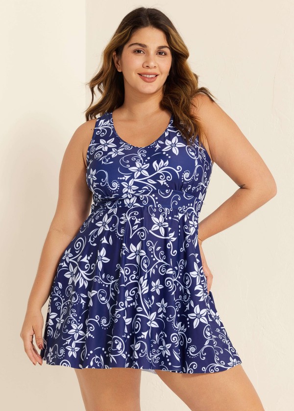 Navy Floral Modest Curvy Swimsuit And Swimwear Swimdress Set