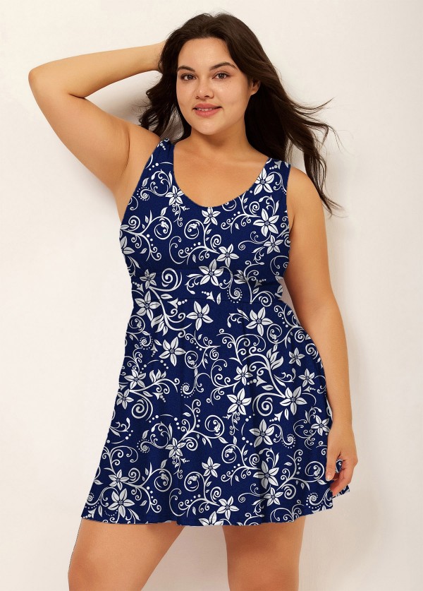 Navy Floral Modest Curvy Swimsuit And Swimwear Swimdress Set