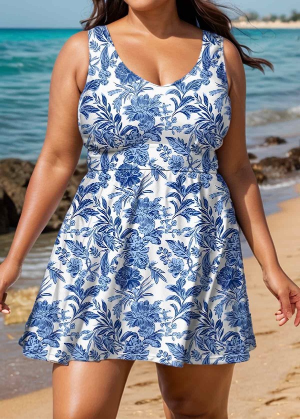 White Floral Modest Curvy Swimsuit And Swimwear Swimdress Set