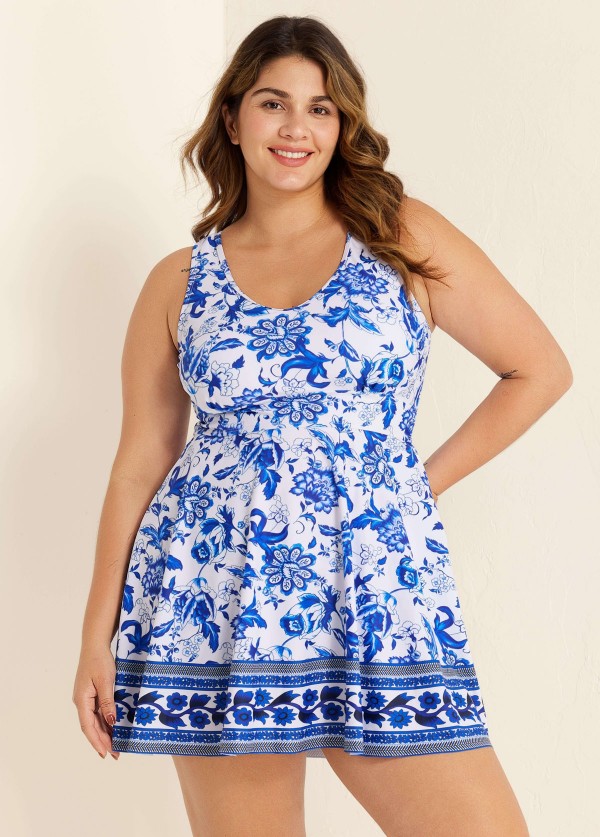 White Floral Modest Curvy Swimsuit And Swimwear Swimdress Set