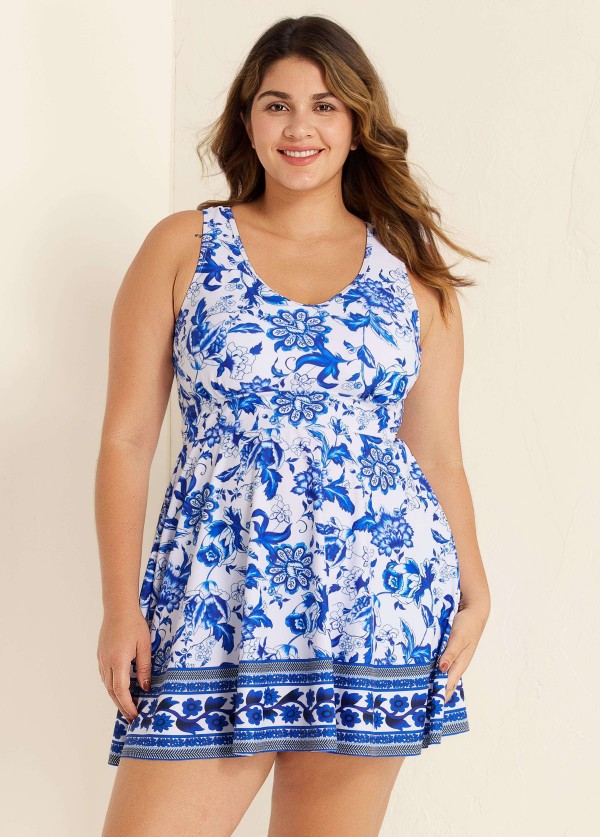 White Floral Modest Curvy Swimsuit And Swimwear Swimdress Set