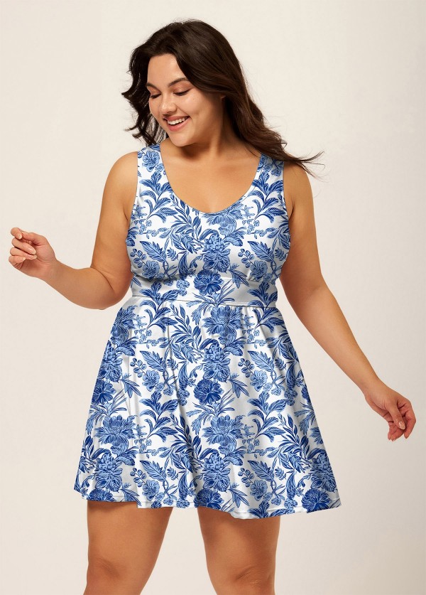 White Floral Modest Curvy Swimsuit And Swimwear Swimdress Set