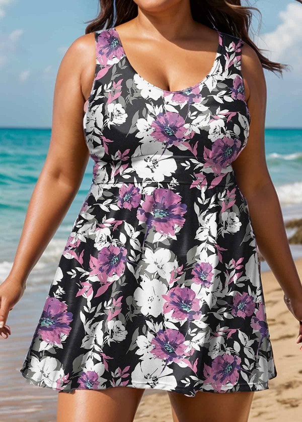 Plus Size Purple Floral Modest Swimsuit And Swimwear Swimdress Set