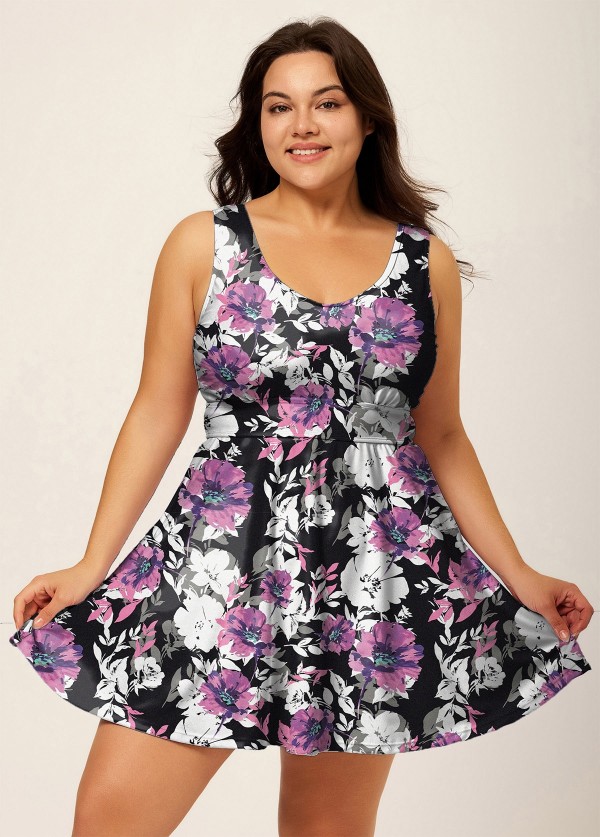 Plus Size Purple Floral Modest Swimsuit And Swimwear Swimdress Set