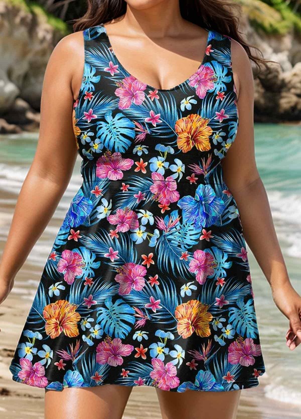 Plus Size Blue Floral Modest Swimsuit And Swimwear Swimdress Set