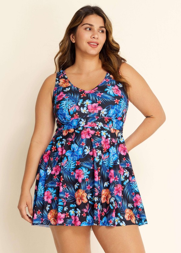 Plus Size Blue Floral Modest Swimsuit And Swimwear Swimdress Set