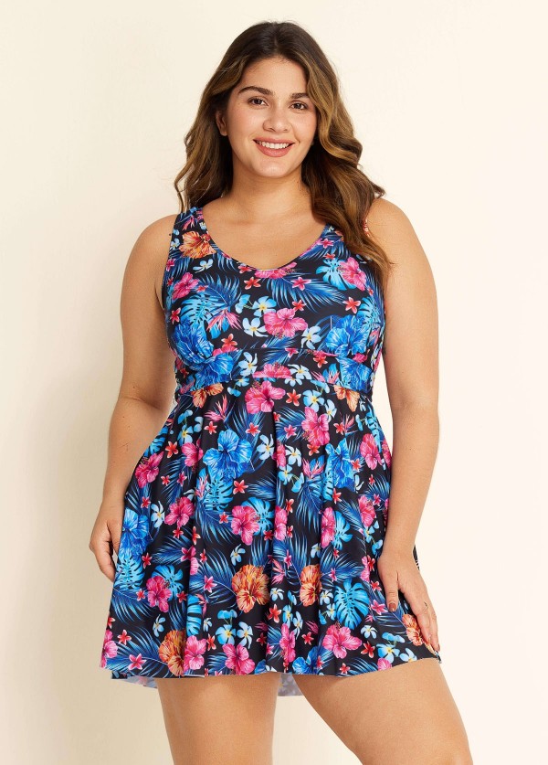 Plus Size Blue Floral Modest Swimsuit And Swimwear Swimdress Set