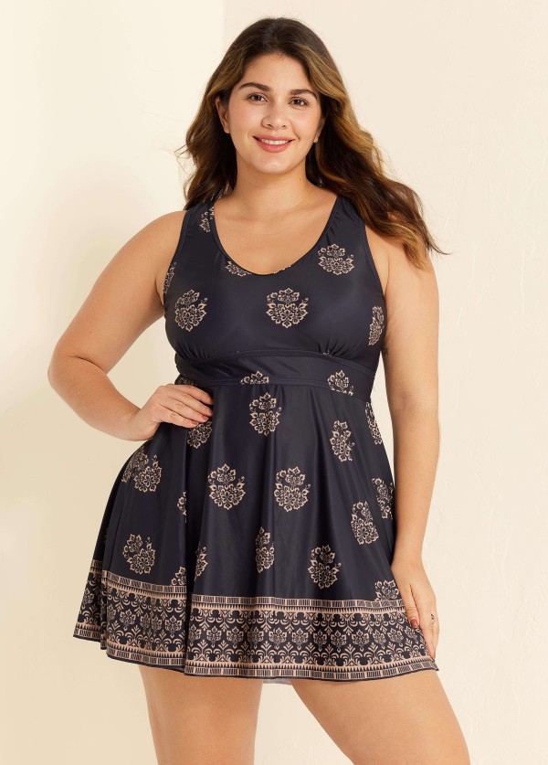 Curvy Multicolor Floral Cross Back Long Modest Two Piece Swimsuit Swimdress Set