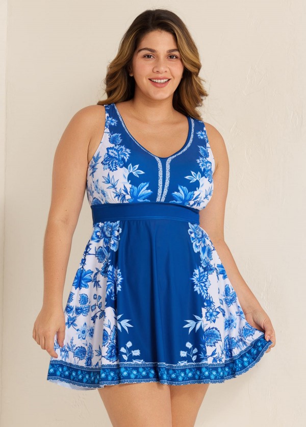 Curvy Blue And White Floral Cross Back Long Modest Two Piece Swimsuit Swimdress Set