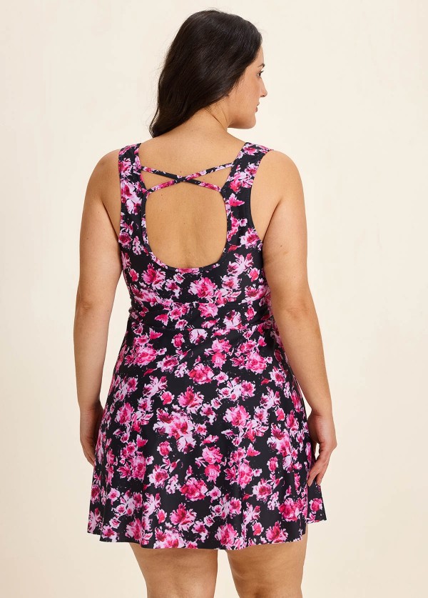 Curvy Pink Floral Print Modest Padded Cross Back Women's Swimsuit Two Piece Swimdress Set