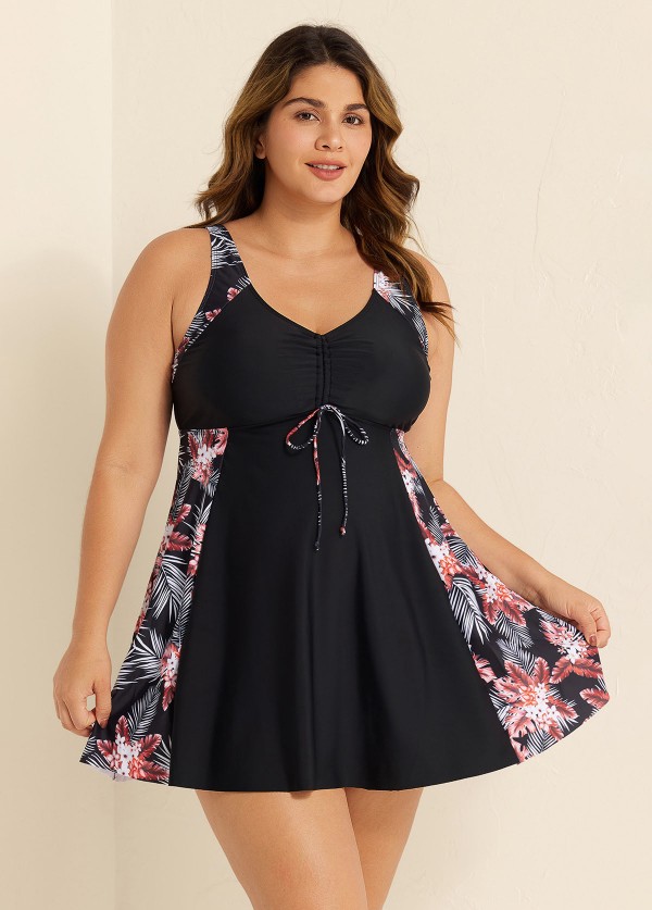 Stylish Tropical Print Patchwork Tie Front Swim Dress Set