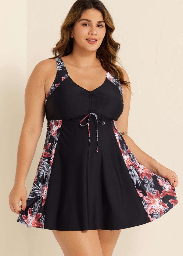 Stylish Tropical Print Patchwork Tie Front Swim Dress Set