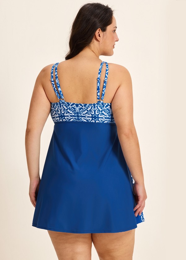 Plus Size Blue Geometric Modest Padded Drawstring Women's Swimsuit Two Piece Swimdress Set