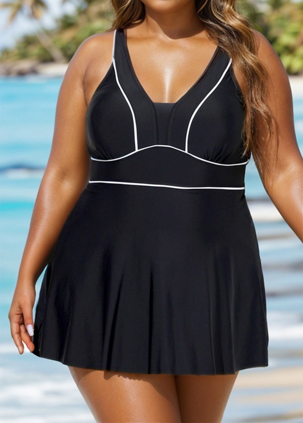 Black Contrast Trim Adjustable Straps One Piece Swimdress