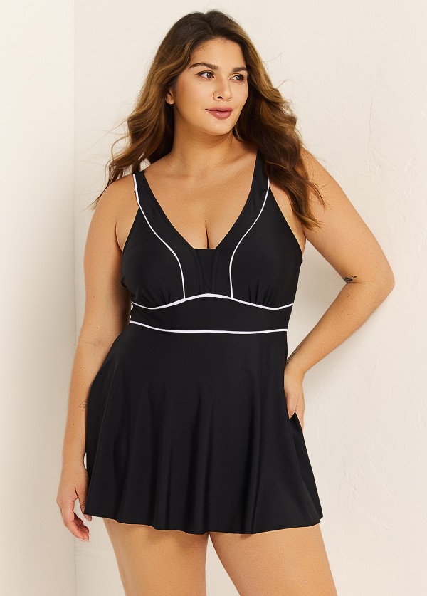 Black Contrast Trim Adjustable Straps One Piece Swimdress