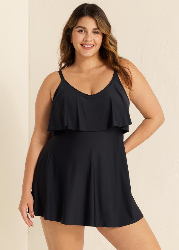 Black Layered Ruffle Trim Adjustable Strap Elegant One Piece Swimdress