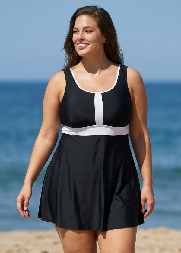 Black And White Color Block Round Neck Casual One Piece Swimdress