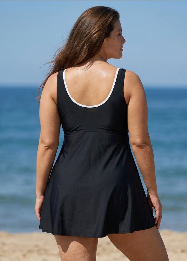 Black And White Color Block Round Neck Casual One Piece Swimdress